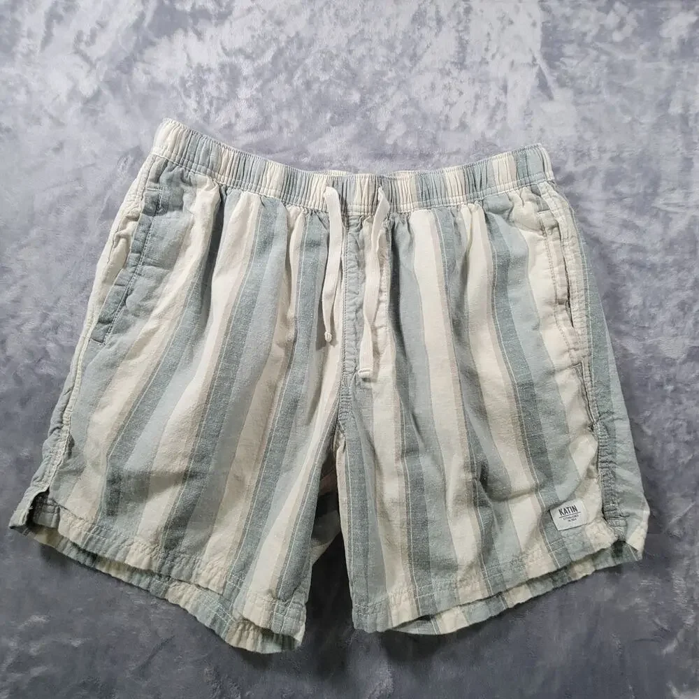 Katin Mens L Linen Cotton Pullon Elastic Waist Striped Shorts 6